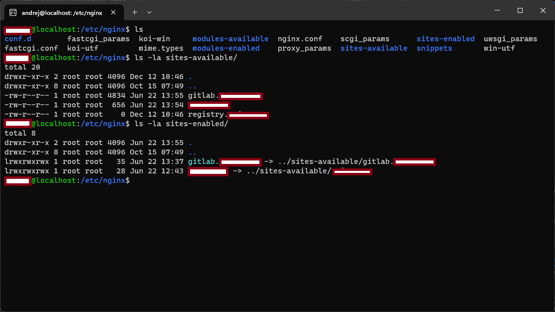 Nginx enabled sites. Note that there are 3 different configurations, but only 2 are enabled.